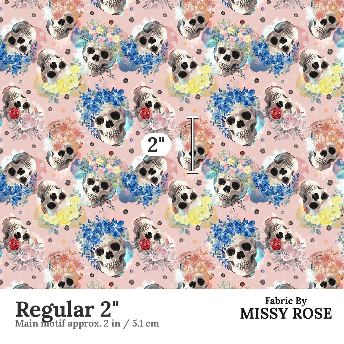 Design 932 Pink Skulls Fabric Regular 2 inch print scale guide | Fabric by Missy Rose