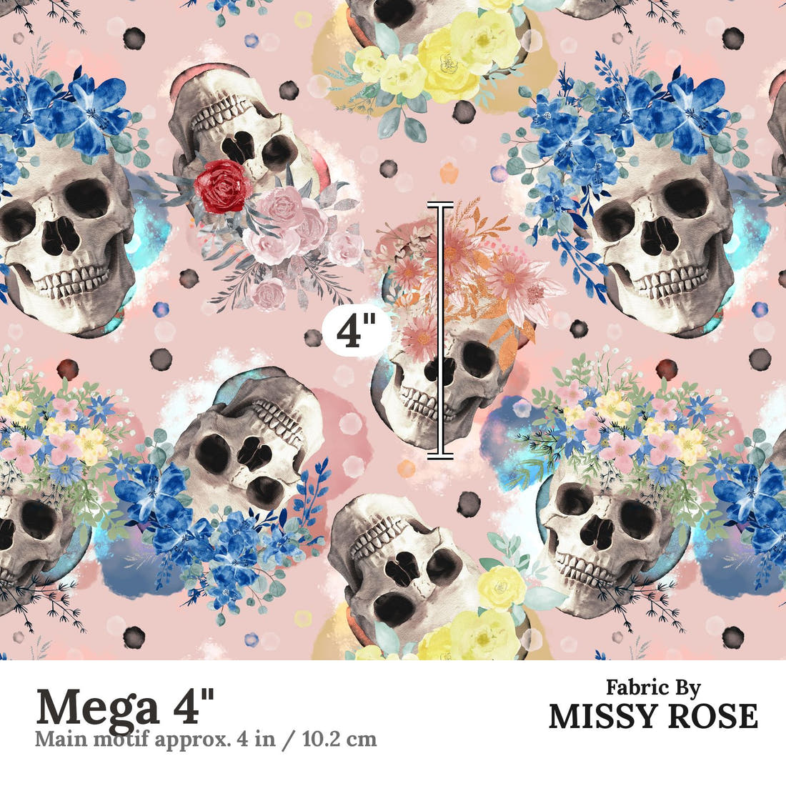 Design 932 Pink Skulls Fabric Mega 4 inch print scale guide | Fabric by Missy Rose