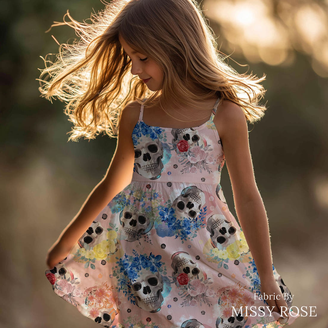 Design 932 Pink Skulls Fabric sewn into a girls' dress – see how the print looks made up | Fabric by Missy Rose