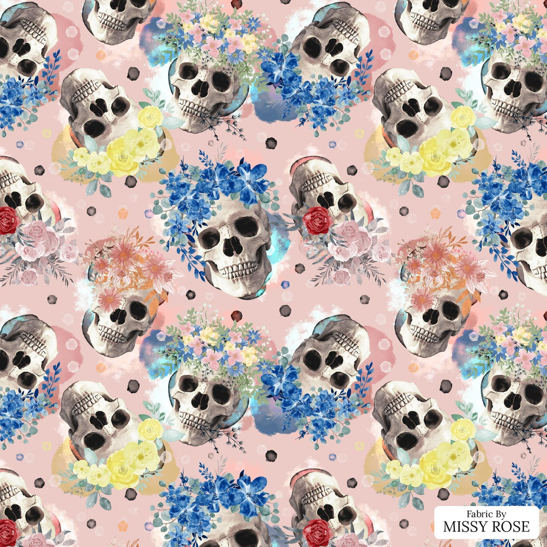 Design 932 Pink Skulls Fabric – flat view of the print, zoom in for detail | Fabric by Missy Rose