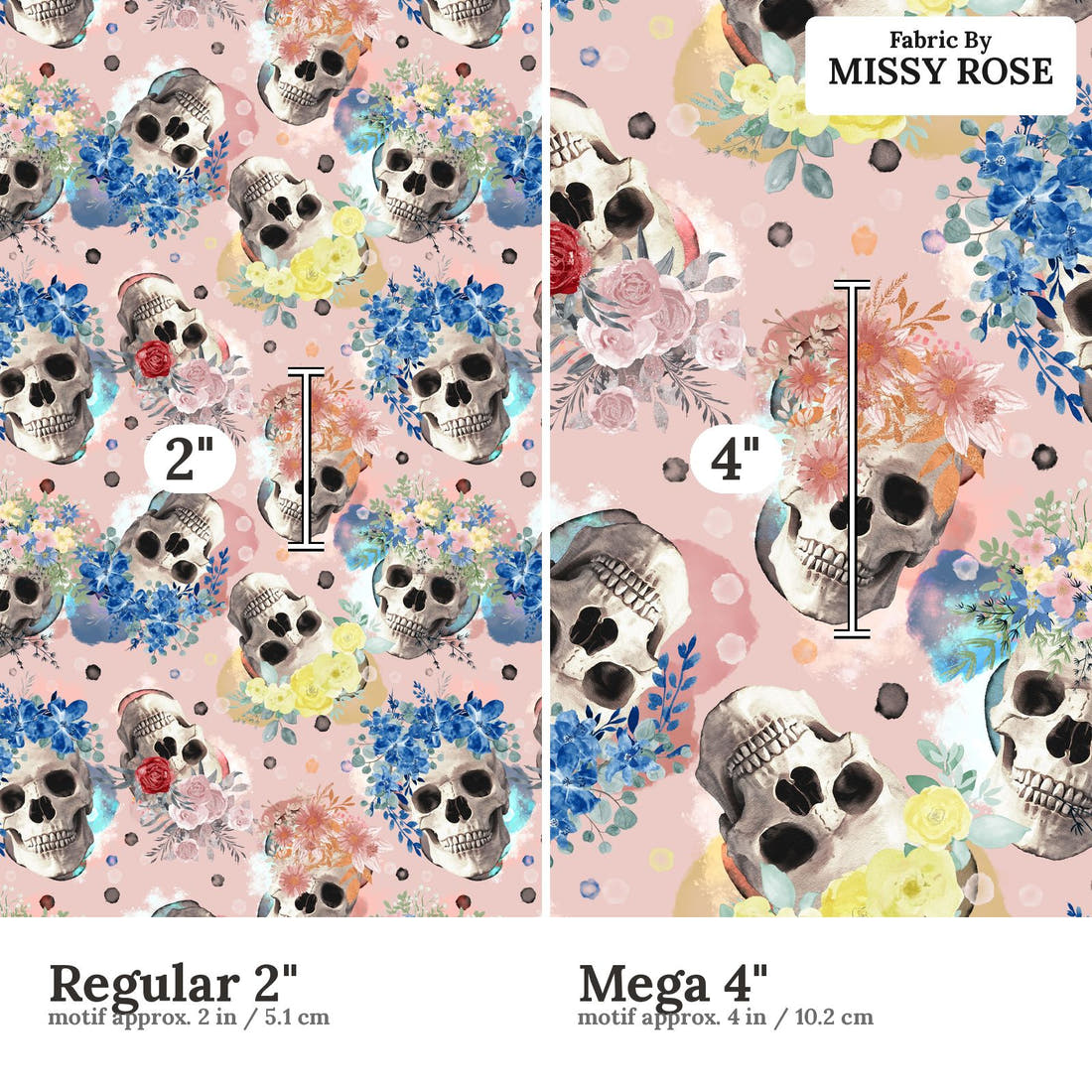 Design 932 Pink Skulls Fabric Regular 2 inch vs Mega 4 inch print scale side by side | Fabric by Missy Rose