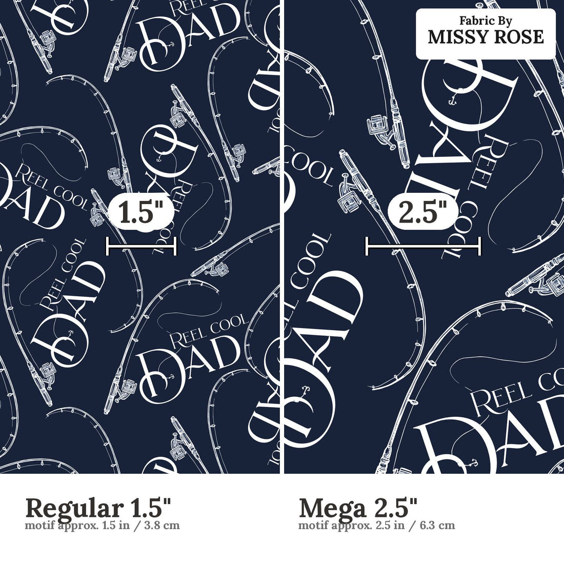 Design 933 Cool Dad Fabric Regular 1.5 inch vs Mega 2.5 inch print scale side by side | Fabric by Missy Rose