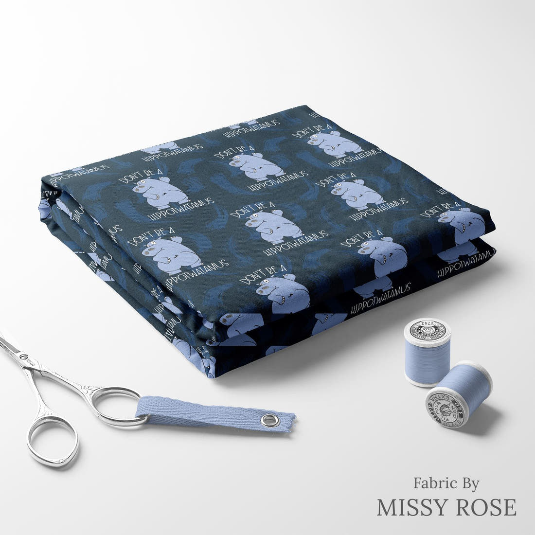 Design 934 Hippo Fabric folded fabric stack with matching thread – pre-order fabric Australia | Fabric by Missy Rose