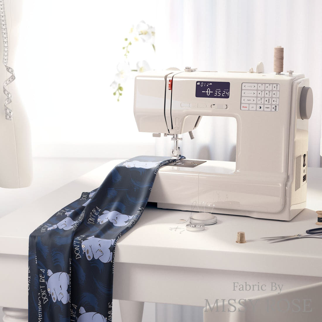 Design 934 Hippo Fabric on a sewing machine – premium fabric for sewing projects | Fabric by Missy Rose