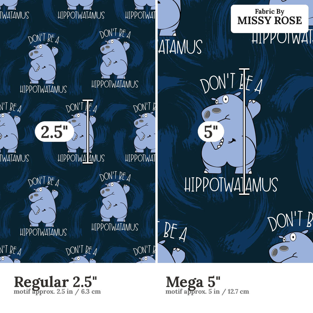 Design 934 Hippo Fabric Regular 2.5 inch vs Mega 5 inch print scale side by side | Fabric by Missy Rose