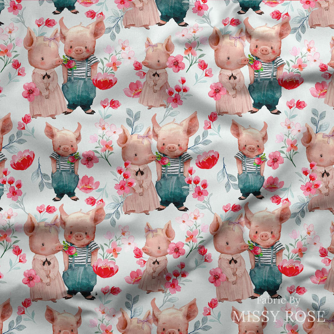 Design 935 Floral Pigs Fabric draped fabric mockup – custom printed fabric by the metre | Fabric by Missy Rose