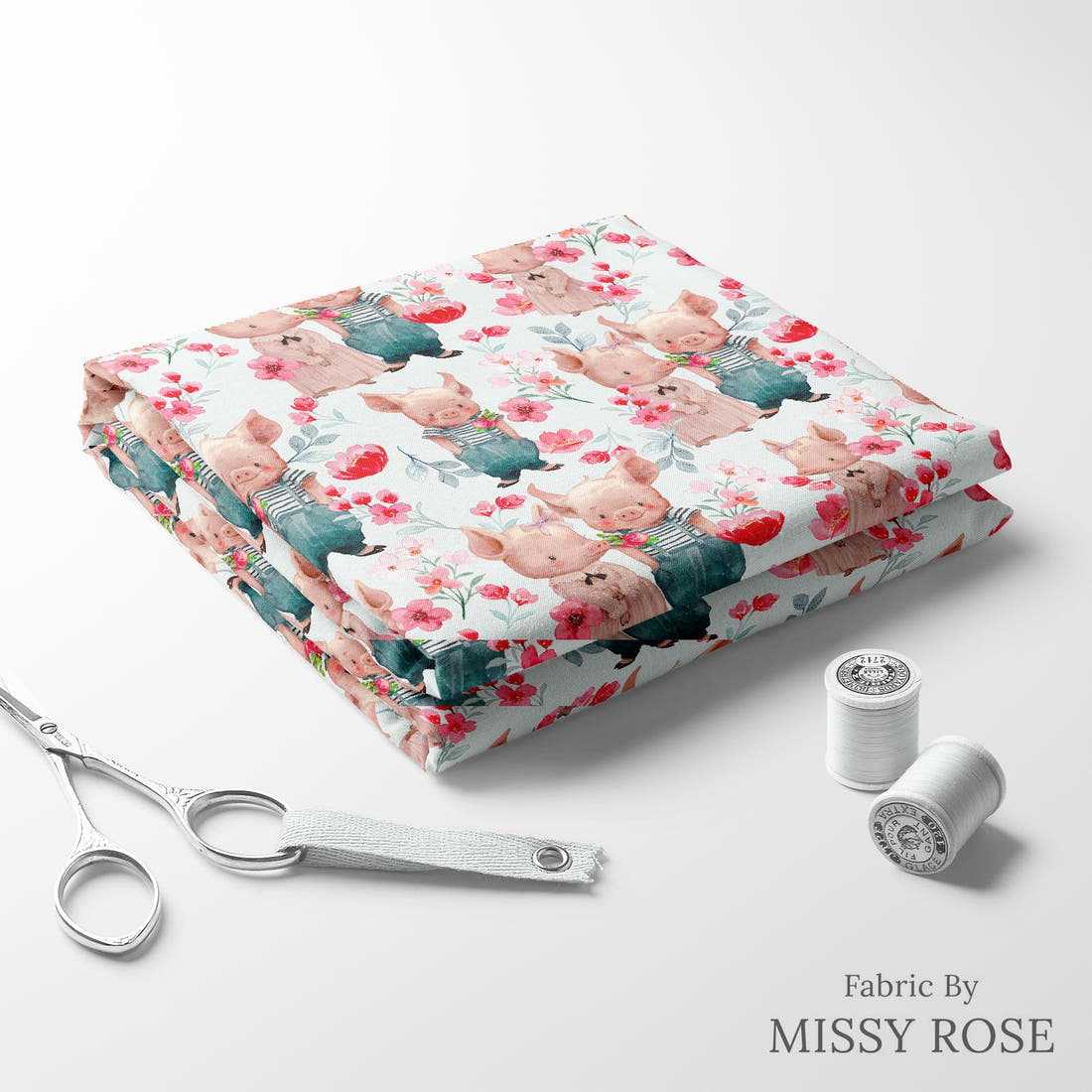 Design 935 Floral Pigs Fabric folded fabric stack with matching thread – pre-order fabric Australia | Fabric by Missy Rose