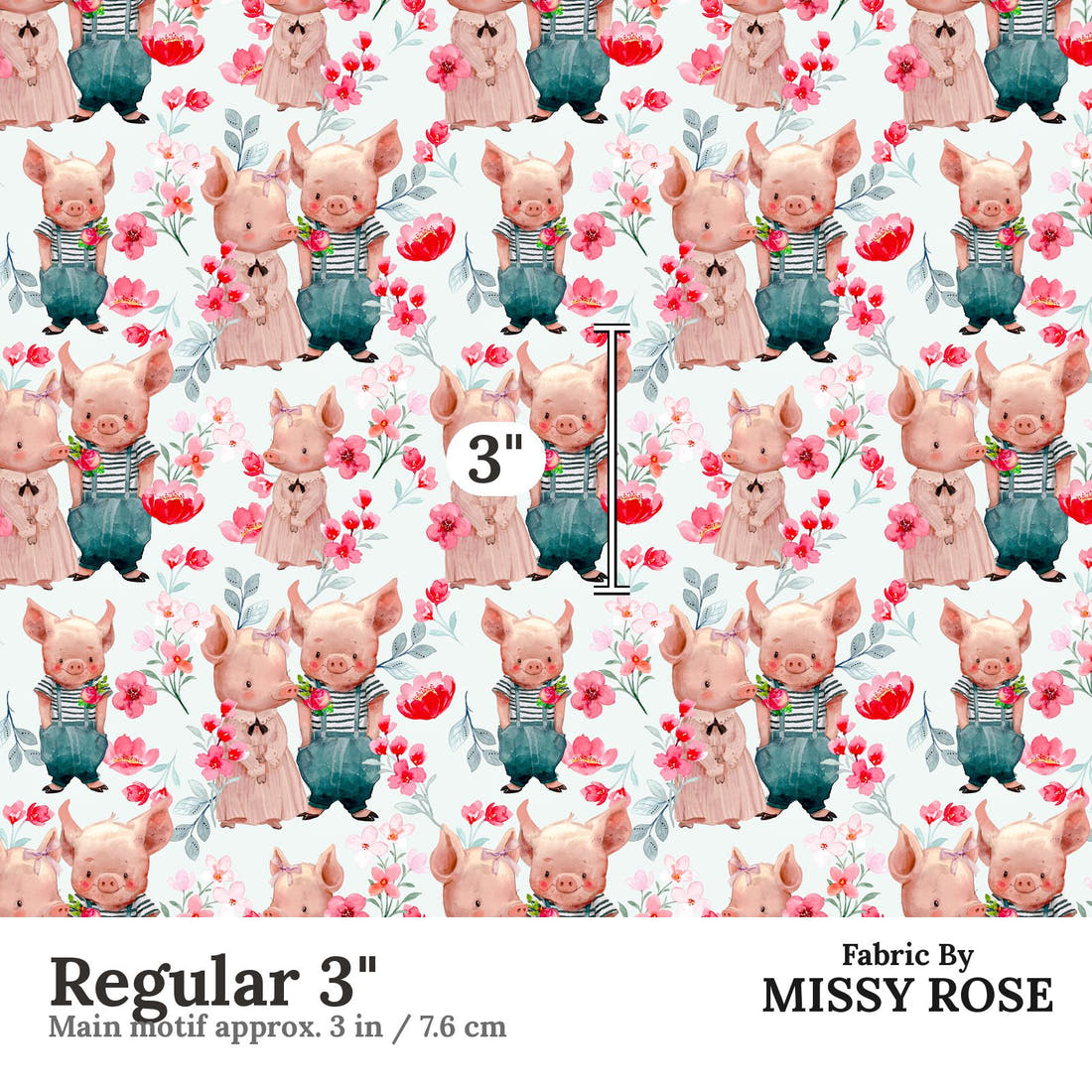 Design 935 Floral Pigs Fabric Regular 3 inch print scale guide | Fabric by Missy Rose