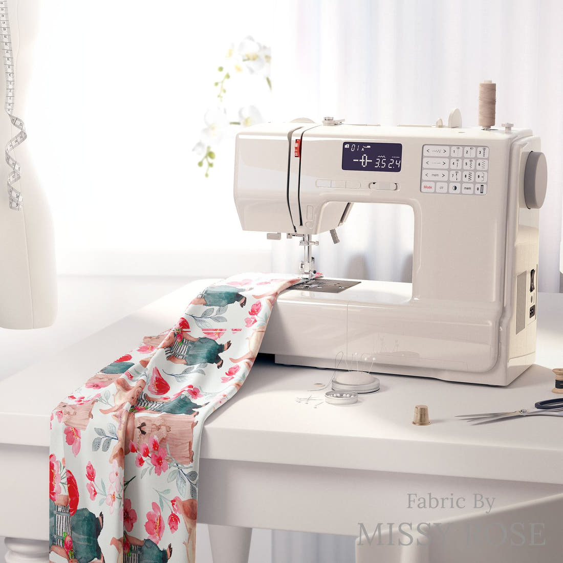 Design 935 Floral Pigs Fabric on a sewing machine – premium fabric for sewing projects | Fabric by Missy Rose