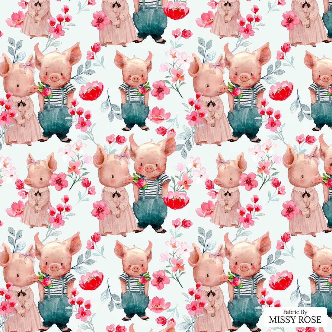 Design 935 Floral Pigs Fabric – flat view of the print, zoom in for detail | Fabric by Missy Rose