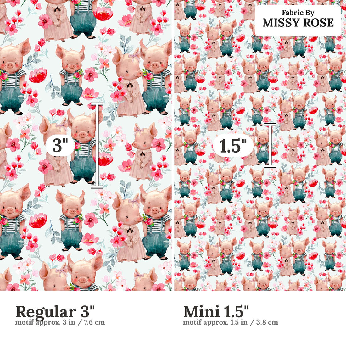 Design 935 Floral Pigs Fabric Regular 3 inch vs Mini 1.5 inch print scale side by side | Fabric by Missy Rose