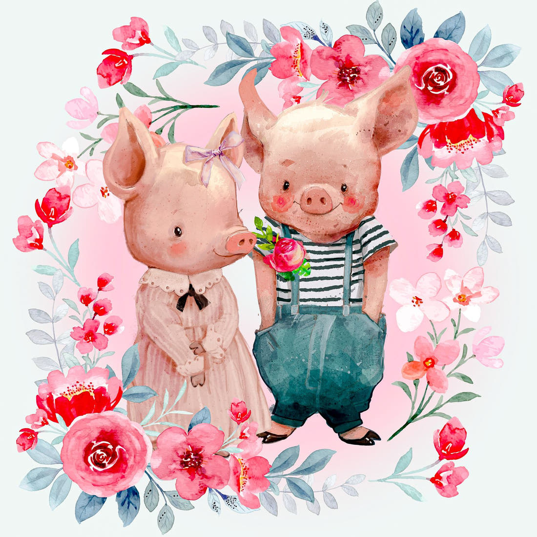 Design 935 Floral Pigs Panel – full artwork close-up of the printed picture | Fabric by Missy Rose