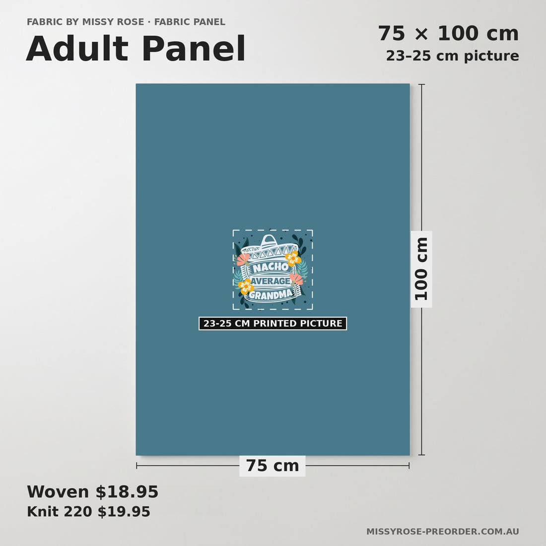Design 937 Grandma Panel adult panel sizing – 23–25 cm printed picture on 75 × 100 cm fabric | Fabric by Missy Rose
