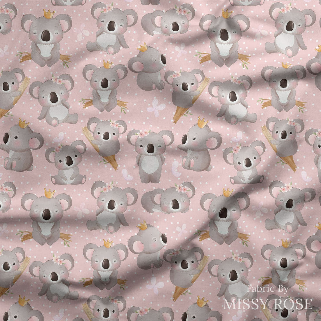 Design 938 Pink Koala Fabric draped fabric mockup – custom printed fabric by the metre | Fabric by Missy Rose