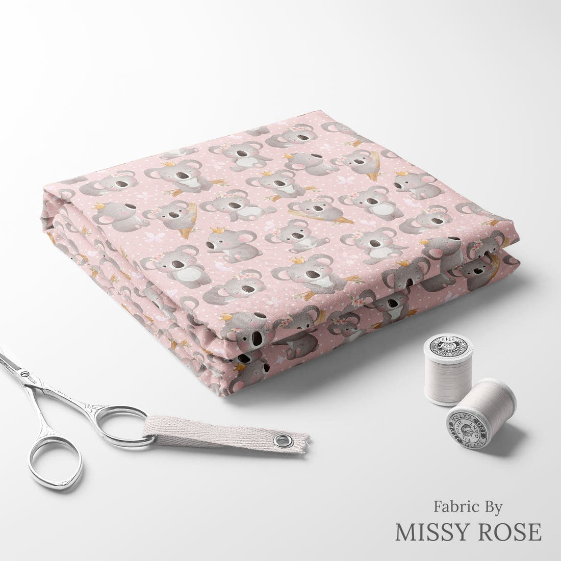 Design 938 Pink Koala Fabric folded fabric stack with matching thread – pre-order fabric Australia | Fabric by Missy Rose