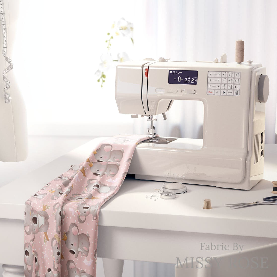 Design 938 Pink Koala Fabric on a sewing machine – premium fabric for sewing projects | Fabric by Missy Rose