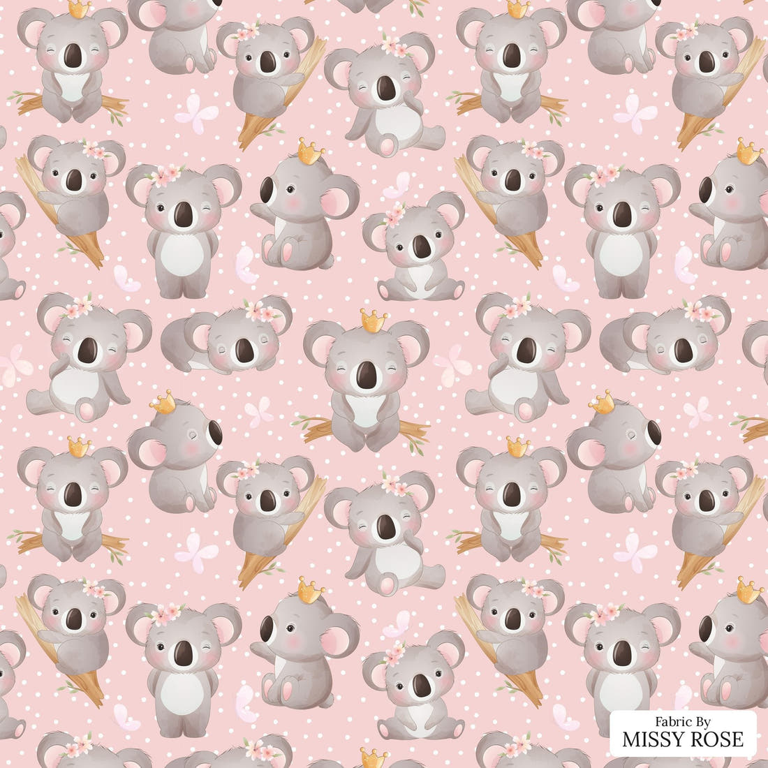 Design 938 Pink Koala Fabric – flat view of the print, zoom in for detail | Fabric by Missy Rose