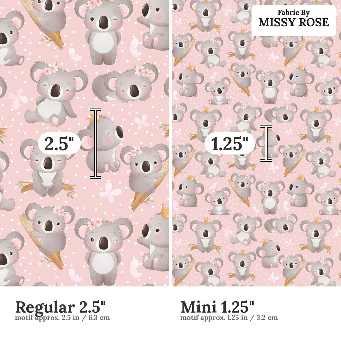 Design 938 Pink Koala Fabric Regular 2.5 inch vs Mini 1.25 inch print scale side by side | Fabric by Missy Rose