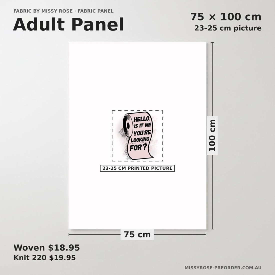 Design 939 Toilet Paper Panel adult panel sizing – 23–25 cm printed picture on 75 × 100 cm fabric | Fabric by Missy Rose