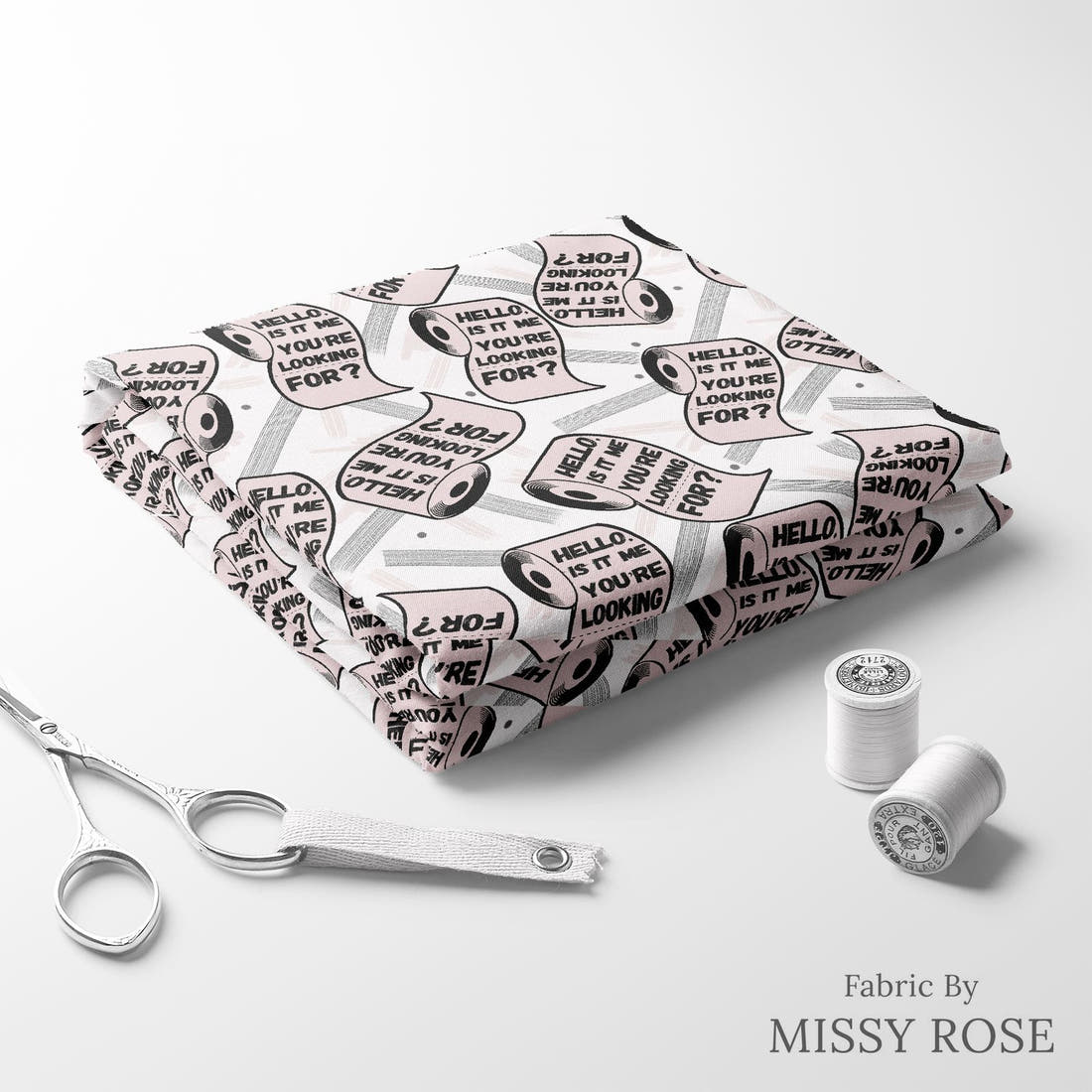 Design 939 Toilet Paper Fabric folded fabric stack with matching thread – pre-order fabric Australia | Fabric by Missy Rose