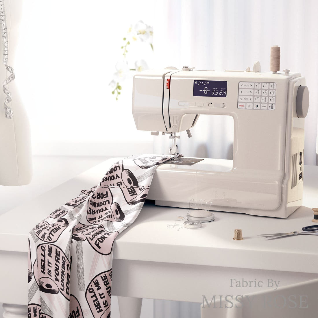 Design 939 Toilet Paper Fabric on a sewing machine – premium fabric for sewing projects | Fabric by Missy Rose