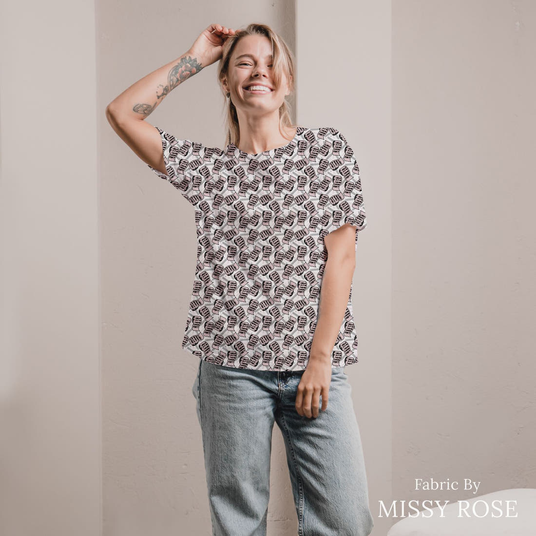 Design 939 Toilet Paper Fabric sewn into an all-over print shirt – see how the print looks made up | Fabric by Missy Rose