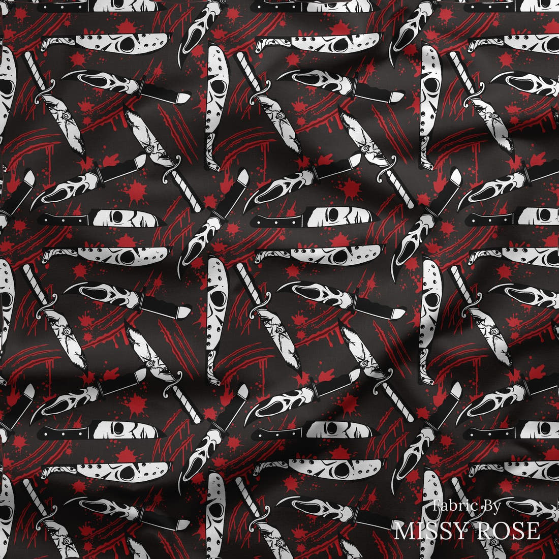 Design 94 Horror Fabric draped fabric mockup – custom printed fabric by the metre | Fabric by Missy Rose