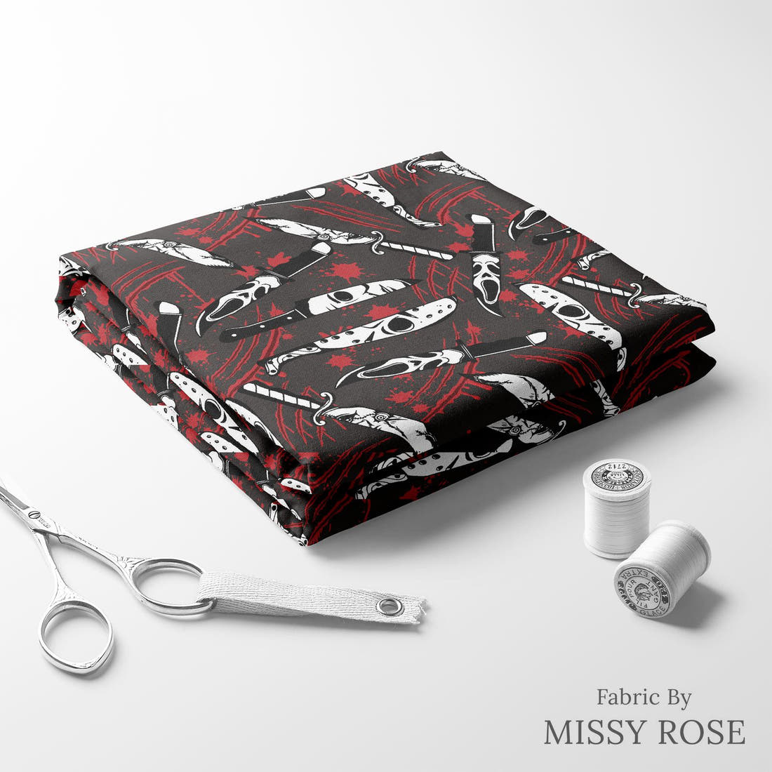 Design 94 Horror Fabric folded fabric stack with matching thread – pre-order fabric Australia | Fabric by Missy Rose