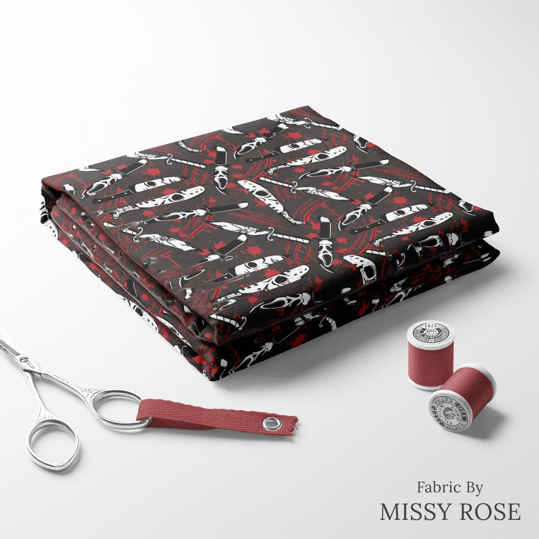 Design 94 Horror Fabric folded fabric stack with matching thread – pre-order fabric Australia | Fabric by Missy Rose