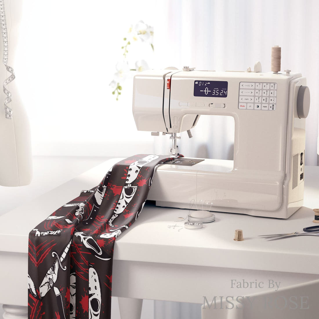 Design 94 Horror Fabric on a sewing machine – premium fabric for sewing projects | Fabric by Missy Rose