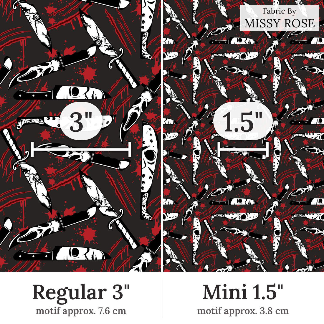 Design 94 Horror Fabric Regular 3 inch vs Mini 1.5 inch print scale side by side | Fabric by Missy Rose