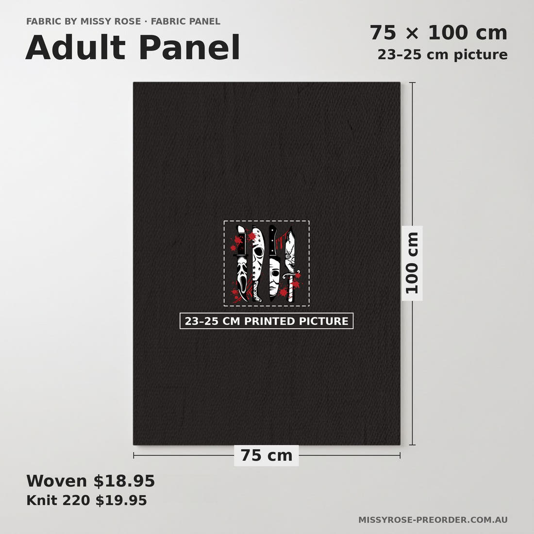 Design 94 Horror Panel adult panel sizing – 23–25 cm printed picture on 75 × 100 cm fabric | Fabric by Missy Rose