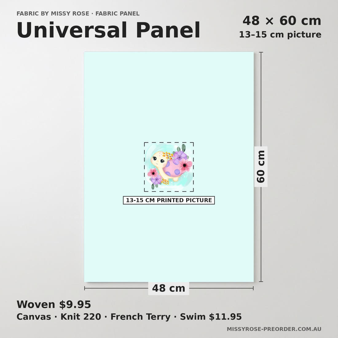 Design 940 Turtle Panel universal panel sizing – 13–15 cm printed picture on 48 × 60 cm fabric | Fabric by Missy Rose