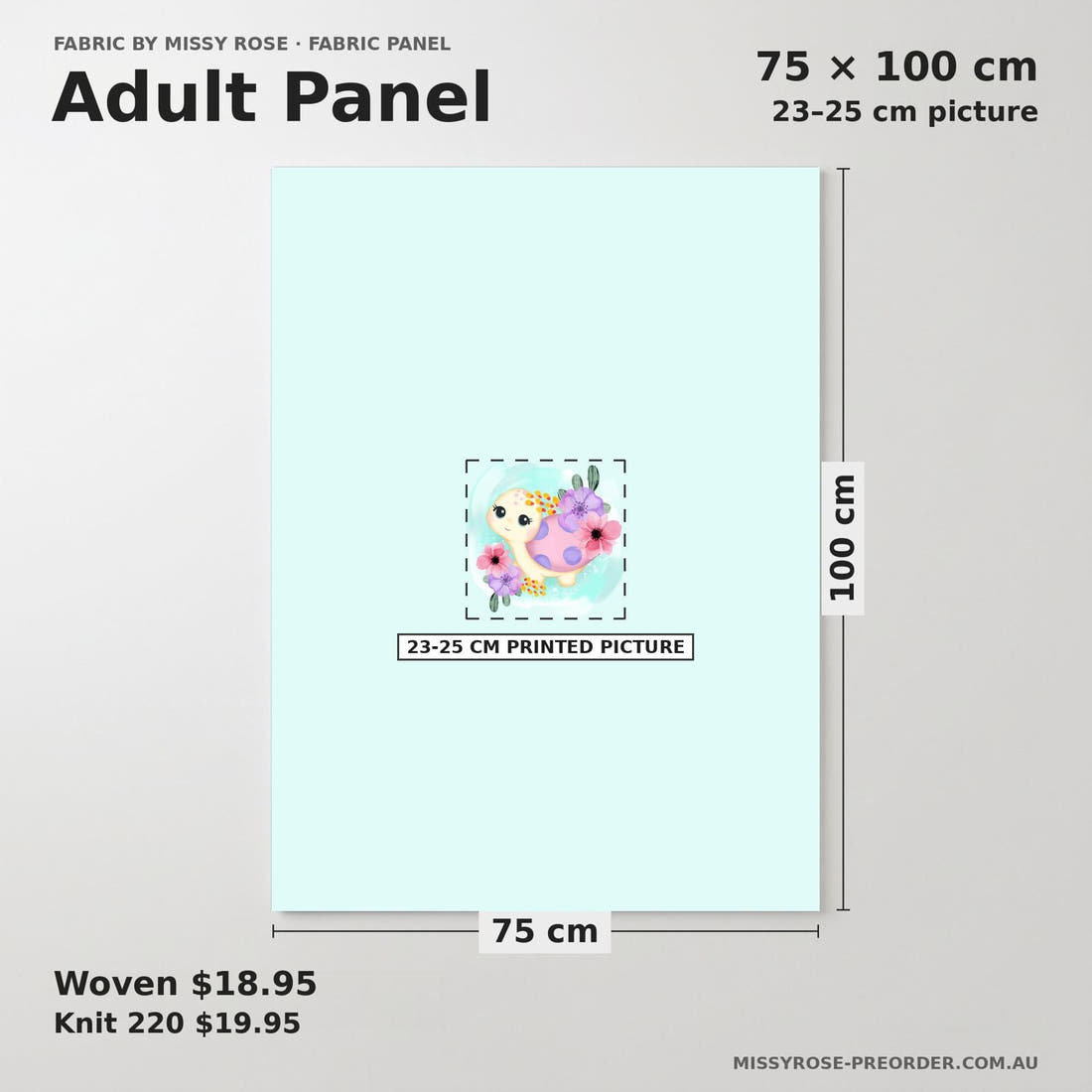 Design 940 Turtle Panel adult panel sizing – 23–25 cm printed picture on 75 × 100 cm fabric | Fabric by Missy Rose