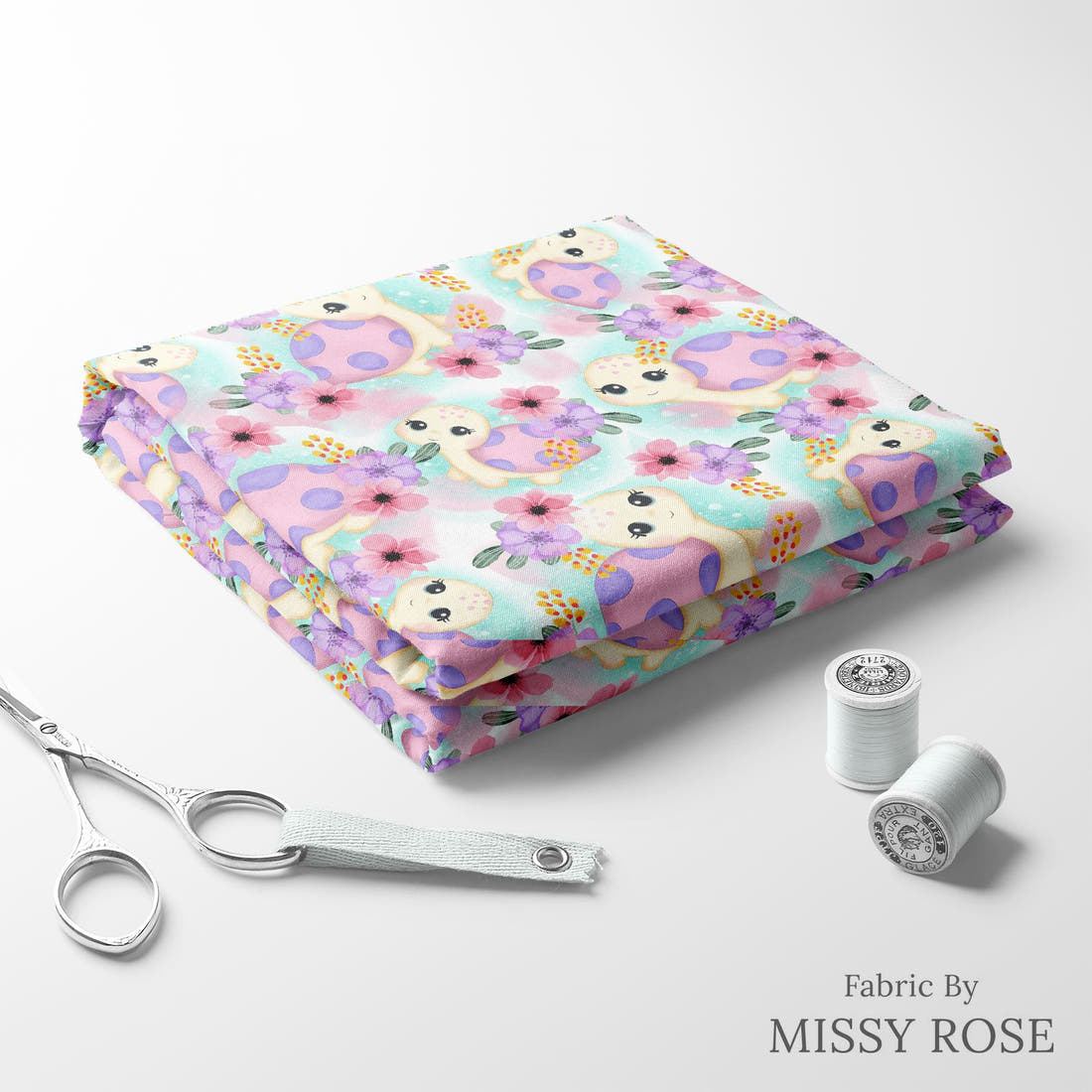 Design 940 Turtle Fabric folded fabric stack with matching thread – pre-order fabric Australia | Fabric by Missy Rose