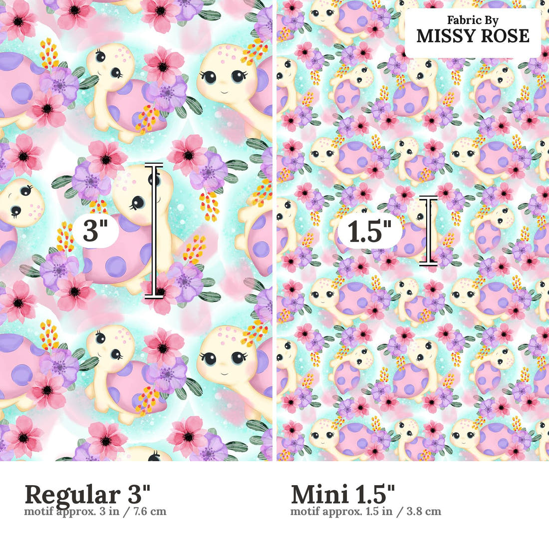 Design 940 Turtle Fabric Regular 3 inch vs Mini 1.5 inch print scale side by side | Fabric by Missy Rose