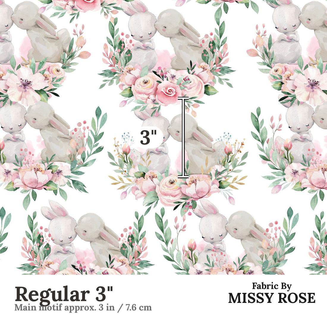 Design 941 Floral Bunny Fabric Regular 3 inch print scale guide | Fabric by Missy Rose