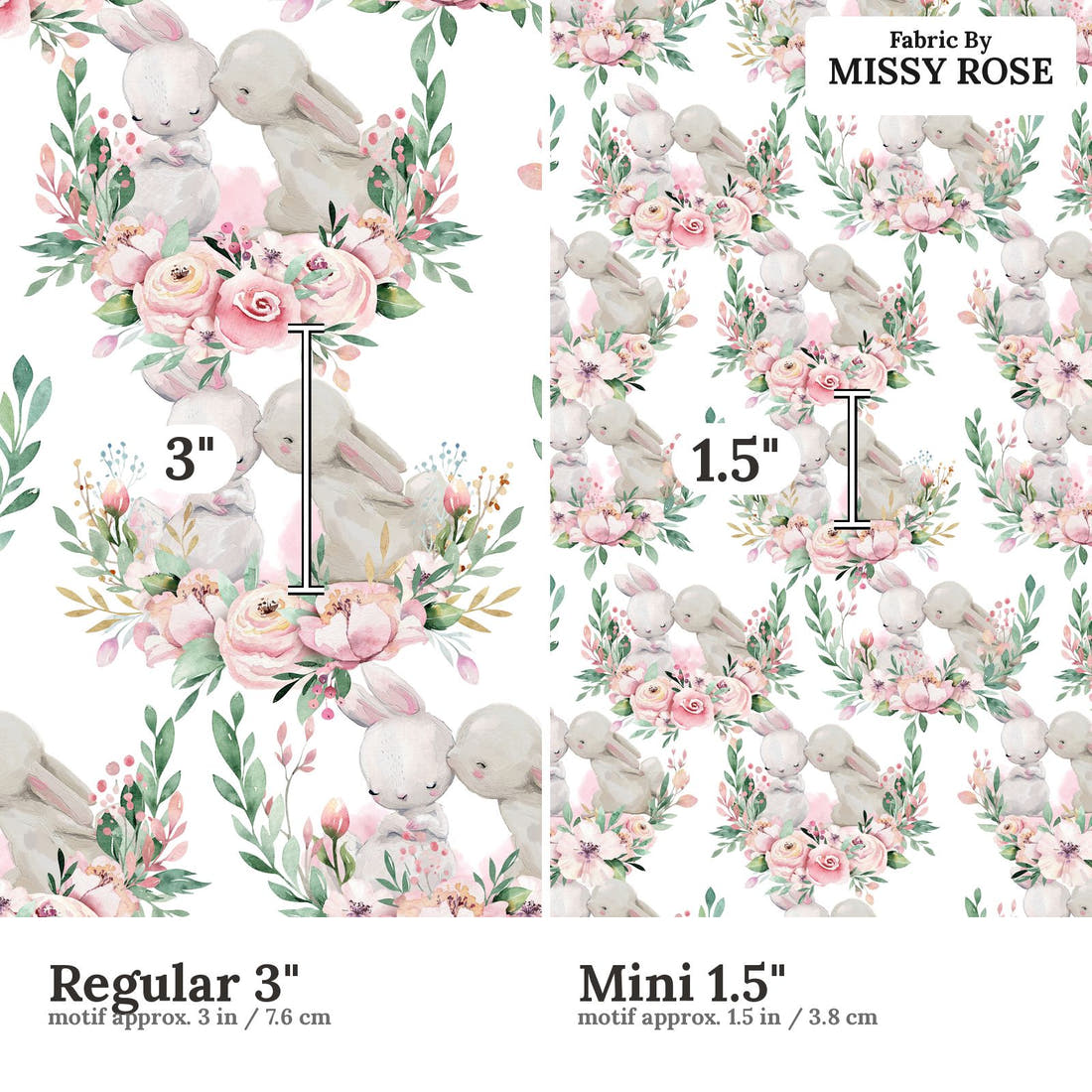 Design 941 Floral Bunny Fabric Regular 3 inch vs Mini 1.5 inch print scale side by side | Fabric by Missy Rose
