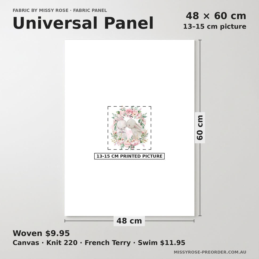 Design 941 Floral Bunny Panel universal panel sizing – 13–15 cm printed picture on 48 × 60 cm fabric | Fabric by Missy Rose