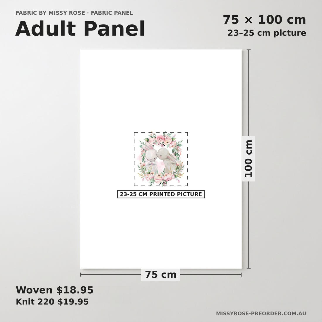 Design 941 Floral Bunny Panel adult panel sizing – 23–25 cm printed picture on 75 × 100 cm fabric | Fabric by Missy Rose