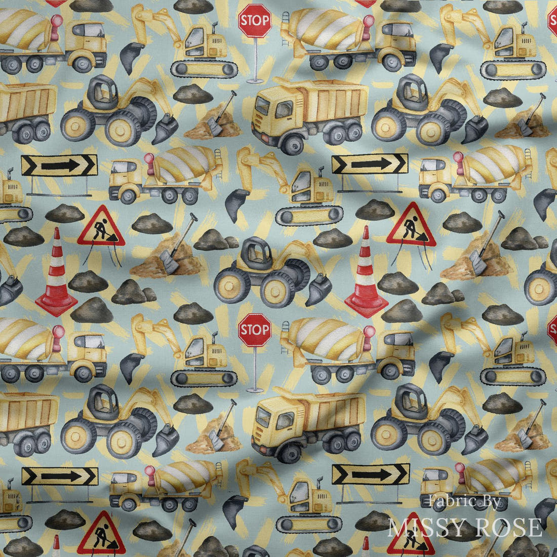 Design 942 Blue Construction Fabric draped fabric mockup – custom printed fabric by the metre | Fabric by Missy Rose
