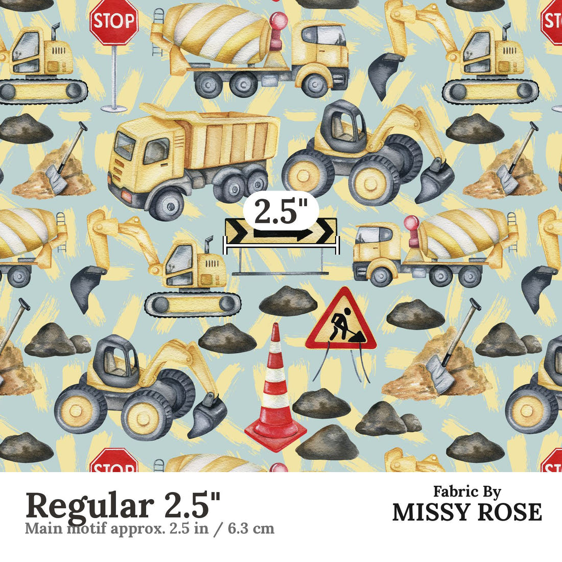 Design 942 Blue Construction Fabric Regular 2.5 inch print scale guide | Fabric by Missy Rose