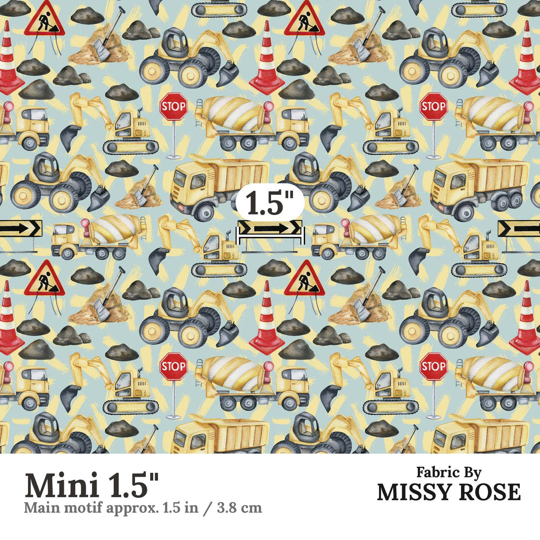 Design 942 Blue Construction Fabric Mini 1.5 inch print scale guide | Fabric by Missy Rose