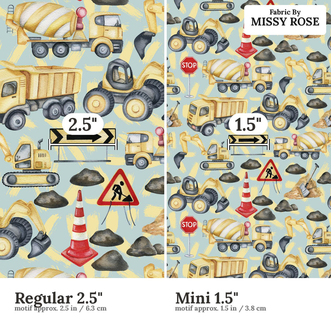 Design 942 Blue Construction Fabric Regular 2.5 inch vs Mini 1.5 inch print scale side by side | Fabric by Missy Rose