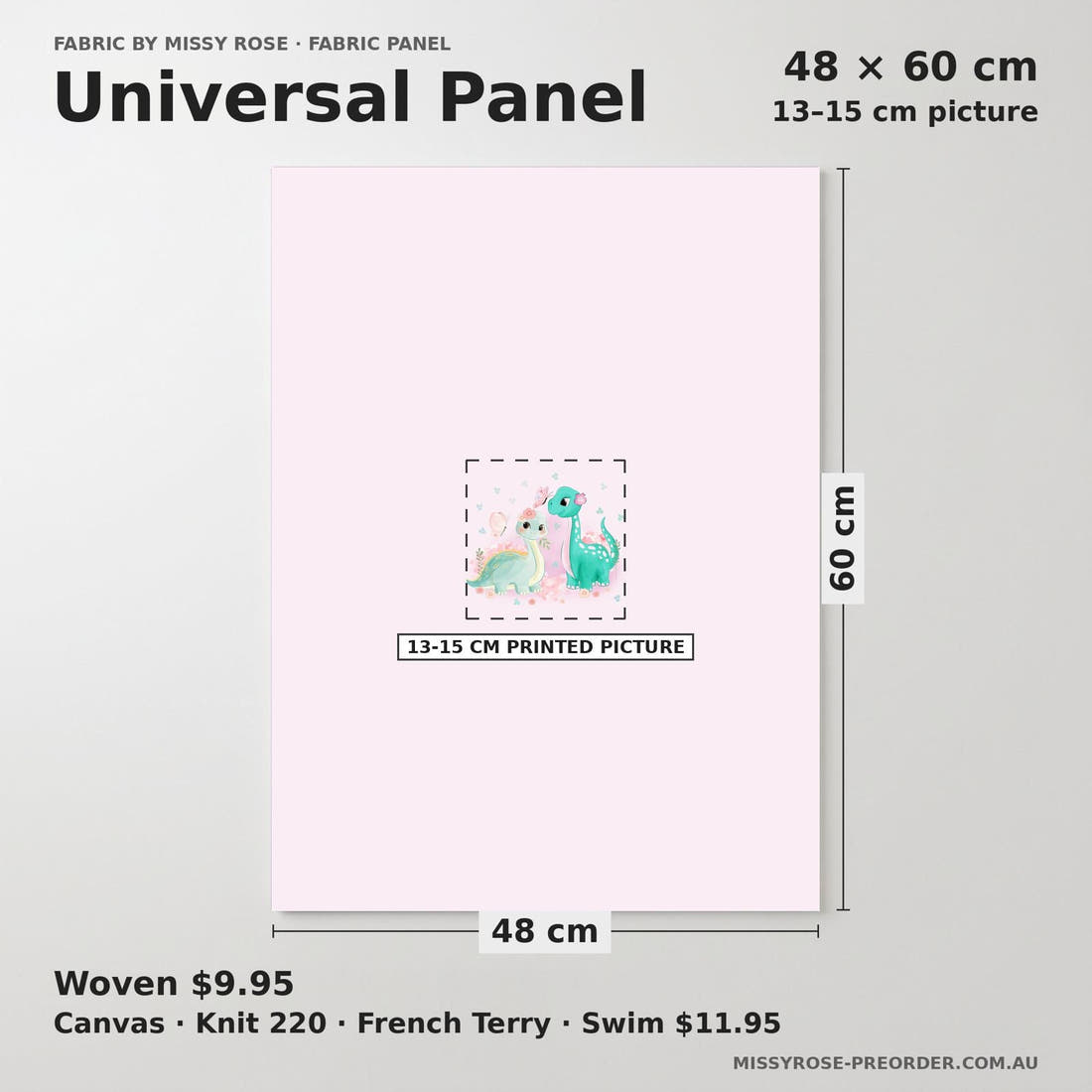 Design 943 Pink Dinosaur Panel universal panel sizing – 13–15 cm printed picture on 48 × 60 cm fabric | Fabric by Missy Rose