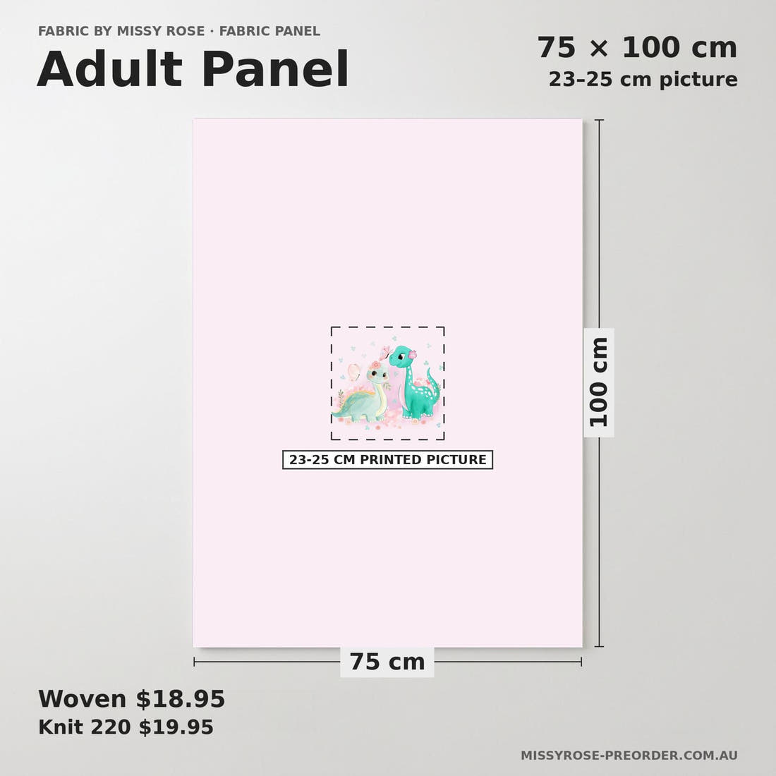 Design 943 Pink Dinosaur Panel adult panel sizing – 23–25 cm printed picture on 75 × 100 cm fabric | Fabric by Missy Rose