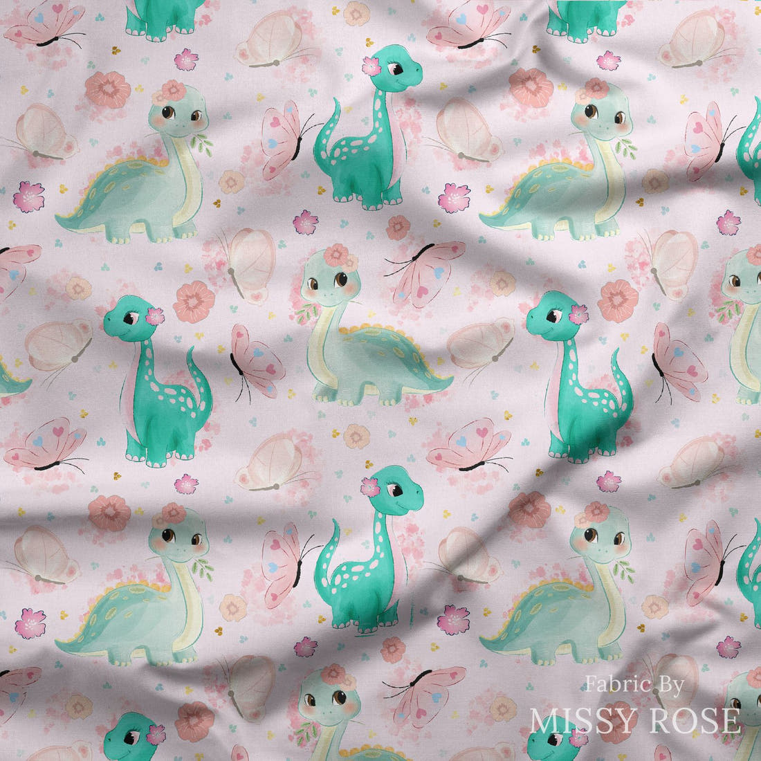 Design 943 Pink Dinosaur Fabric draped fabric mockup – custom printed fabric by the metre | Fabric by Missy Rose