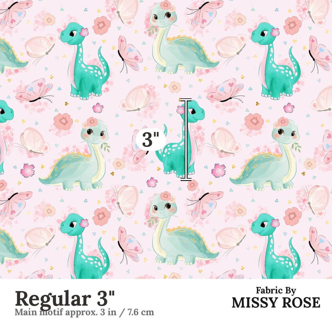 Design 943 Pink Dinosaur Fabric Regular 3 inch print scale guide | Fabric by Missy Rose