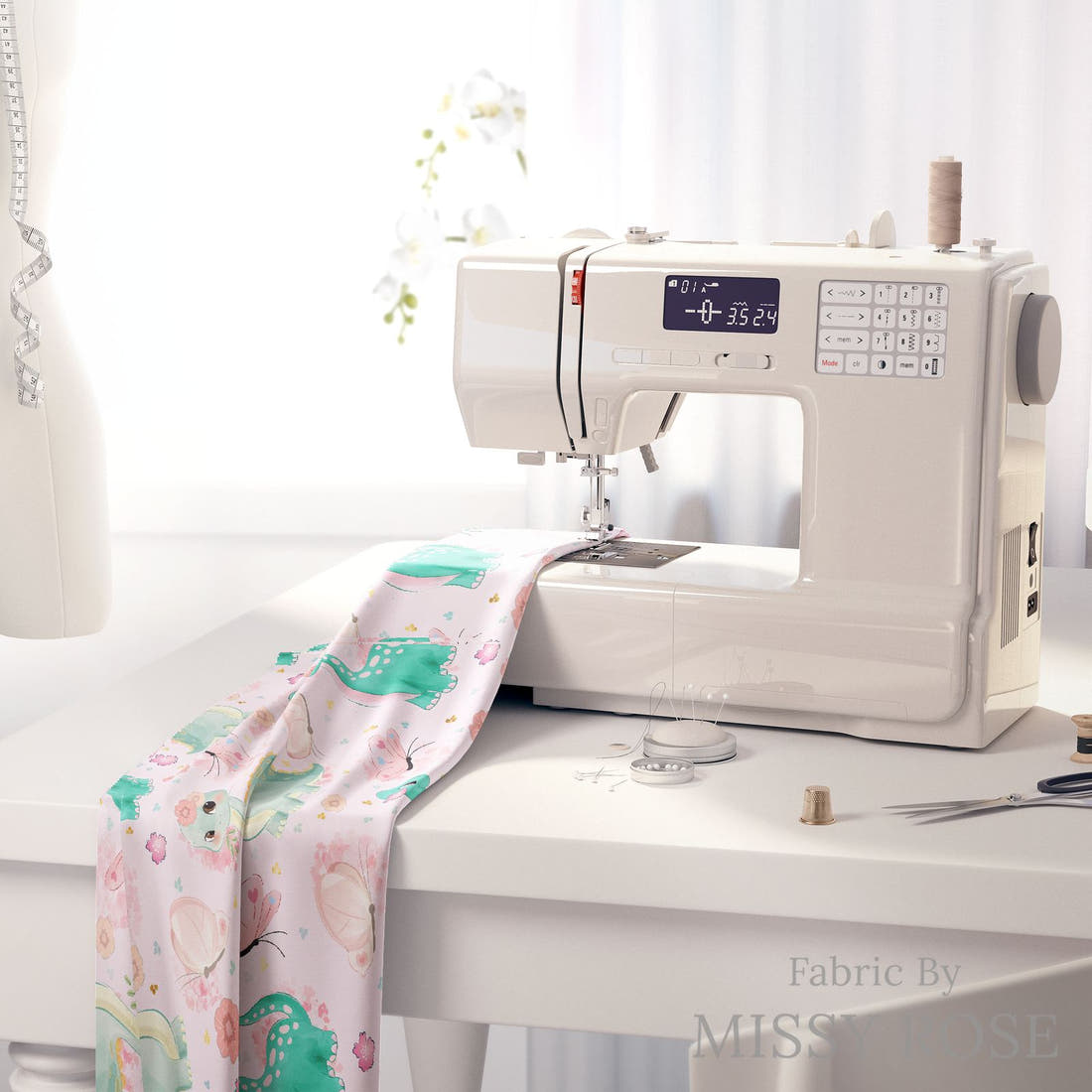 Design 943 Pink Dinosaur Fabric on a sewing machine – premium fabric for sewing projects | Fabric by Missy Rose