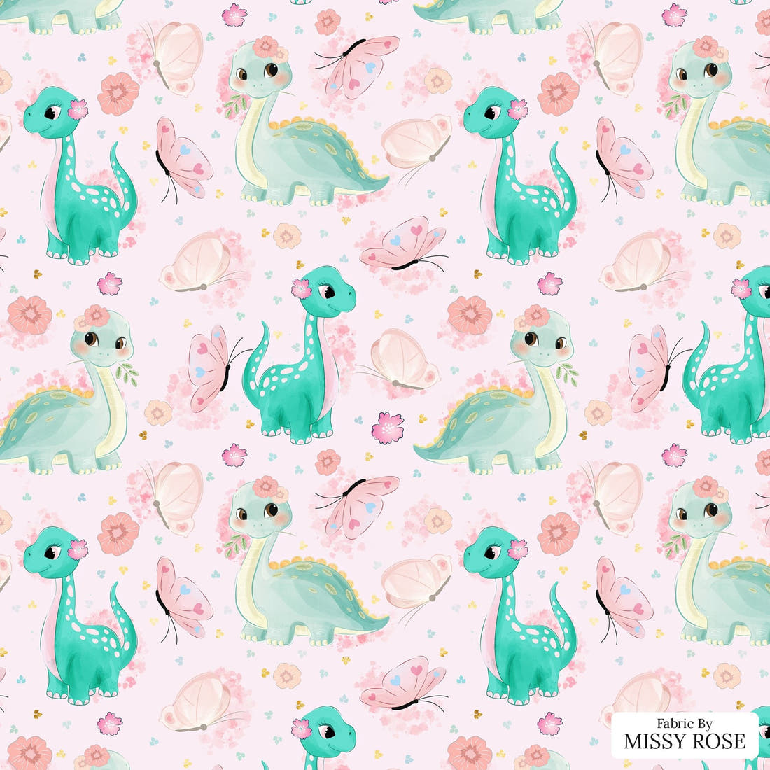 Design 943 Pink Dinosaur Fabric – flat view of the print, zoom in for detail | Fabric by Missy Rose